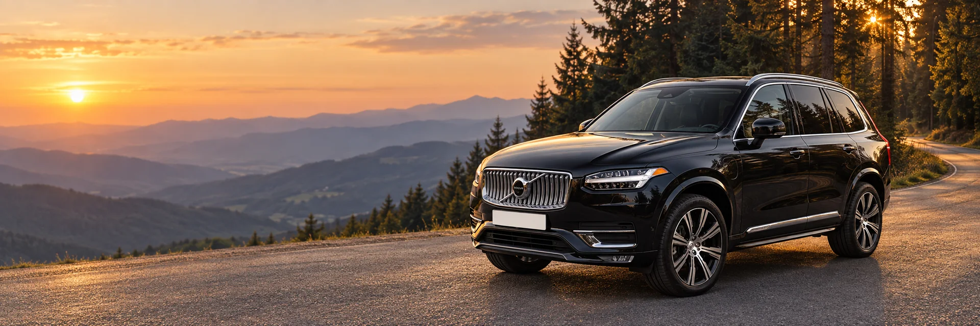 Siyah Volvo XC90 ikinci kasa, Bursa Uludağ'da dağ yolunda gün batımında